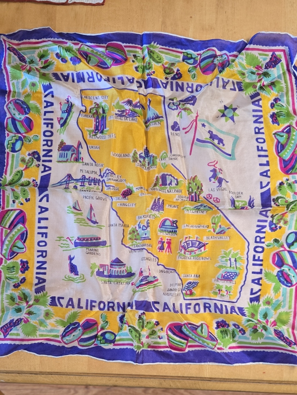 Vintage Silk California Map Scarf in Yellow, Purple & Pink